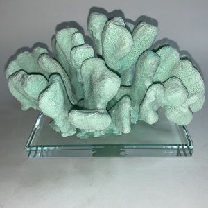 Faux Light Blue Teal Coral Sculpture on Glass Base